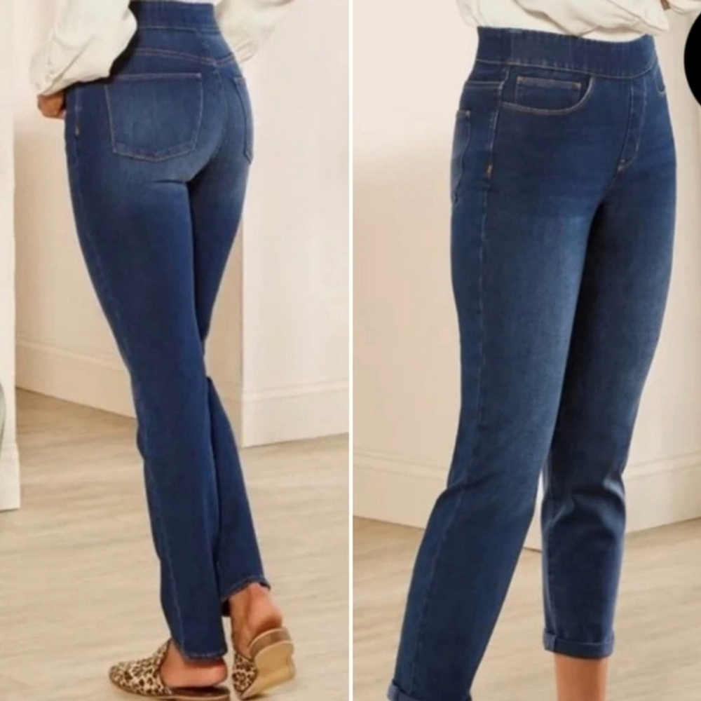 NEW Soft Surroundings Straight Leg Elastic Waist Pull On Medium Wash Jeans XS